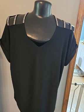 Black V-Neck Top with Rhinestone Straps -